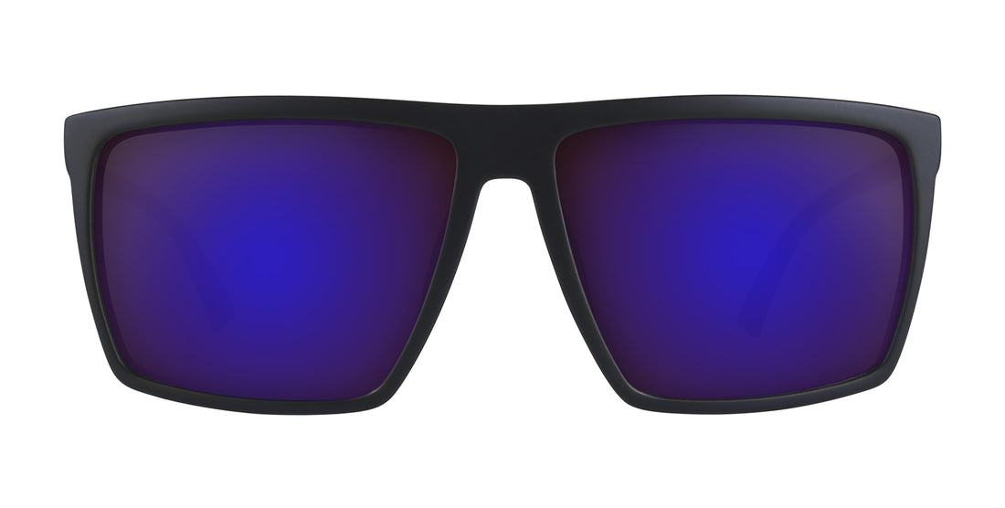 Front view of 212 prescription sunglasses with matte black rectangular frame and blue mirrored lenses on white background