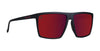 Black sunglasses with red polarized lenses, featuring a square design.