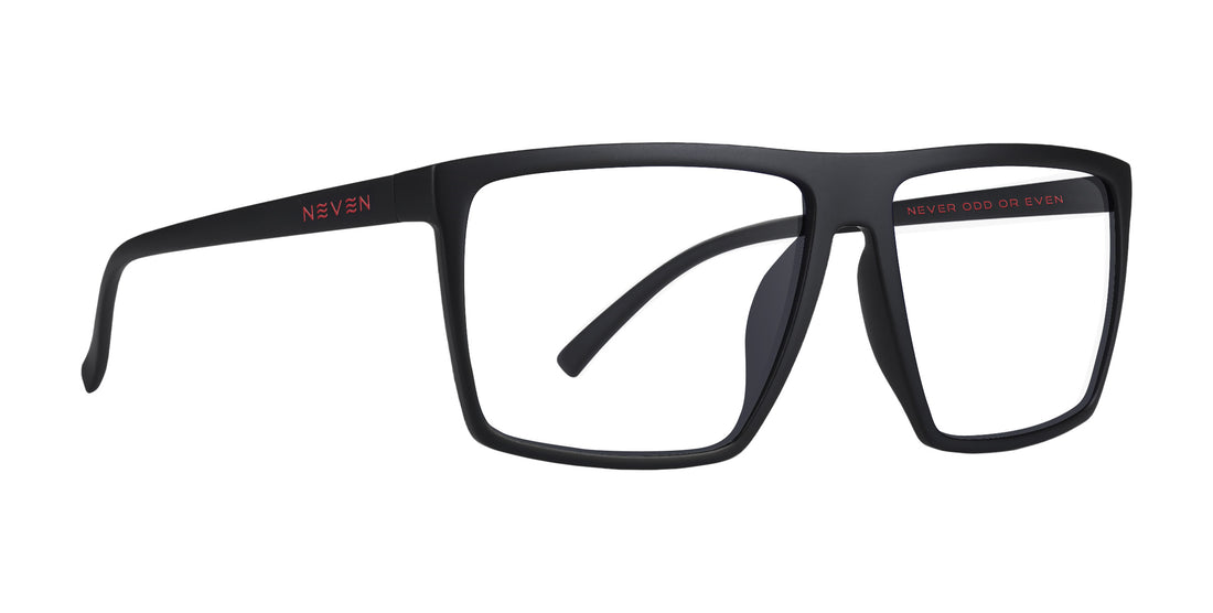 Close up view of 212 large black matte rectangular prescription frame with red NEVEN temple branding on white background