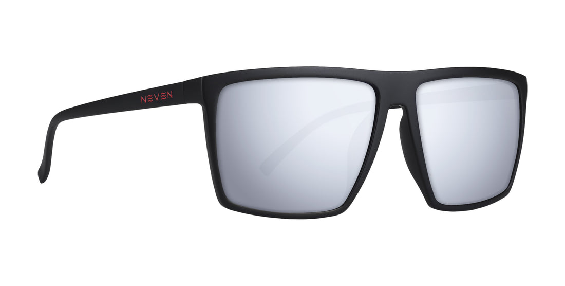Three quarter view of 212 sunglasses showing matte black frame, large rectangular fit, mirrored lenses on white background