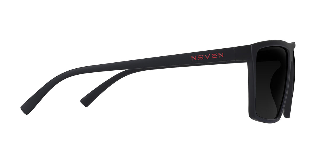 Side view of 212 prescription sunglasses showing matte black large frame and red NEVEN logo on temple on white background
