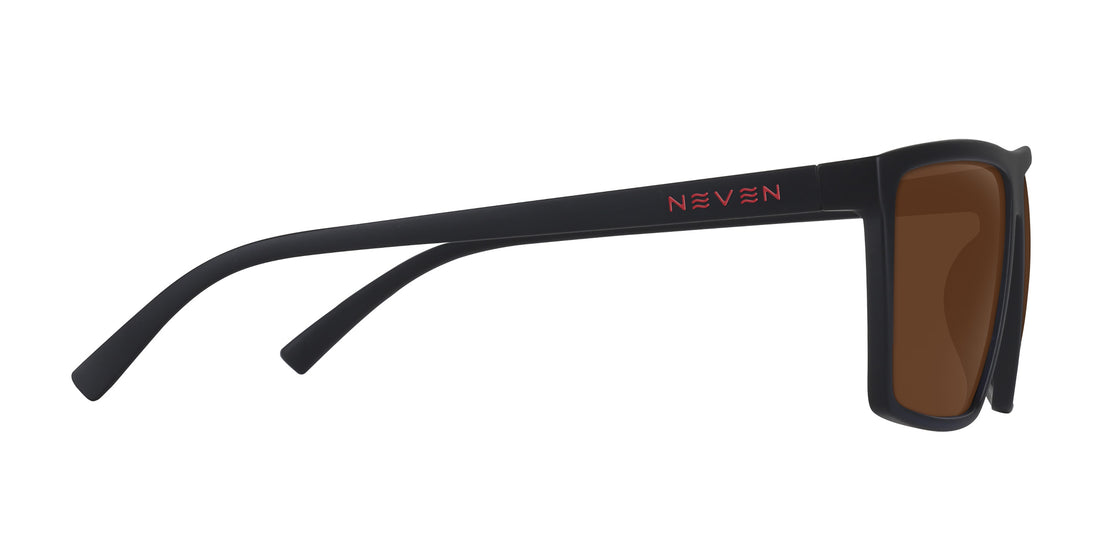 Side view of 212 prescription sunglasses showing matte black rectangular frame, red Neven logo on temple, brown lenses, white background