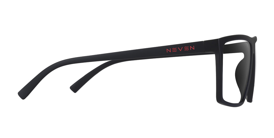 Side view of 212 prescription sunglasses showcasing matte black rectangular frame and red Neven logo on the temple with white background