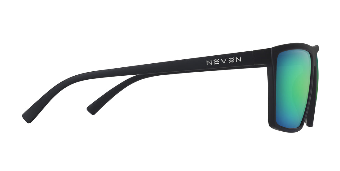 Side view of Doc Robbins 212 prescription sunglasses showing matte black temple with NEVEN logo and green mirrored lens on white background