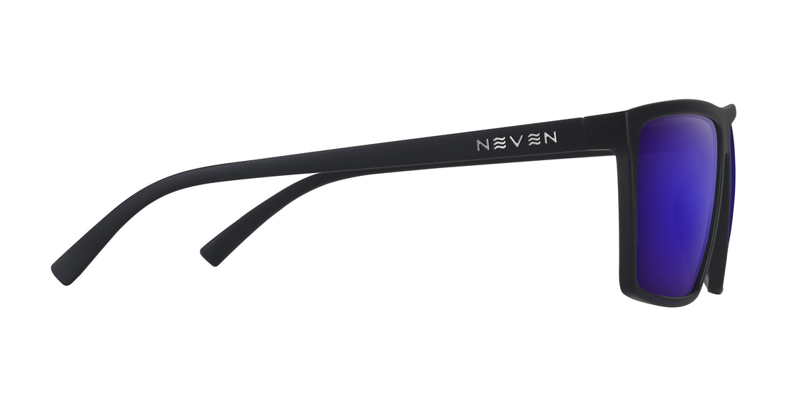 Side view of 212 Doc Robbins prescription sunglasses with matte black temple, silver NEVEN logo, and purple mirrored lens
