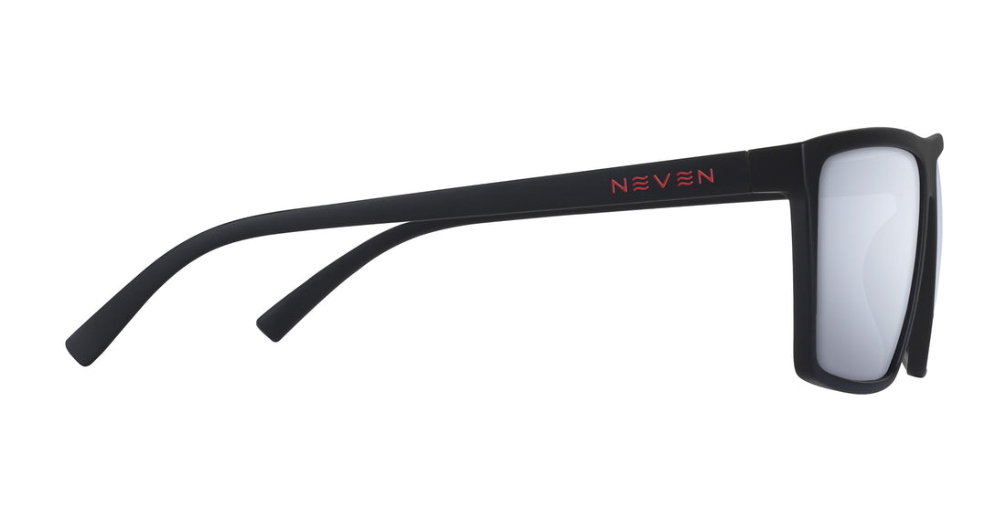 Side view of 212 prescription sunglasses showcasing matte black large frame and red NEVEN logo on the temple with white background