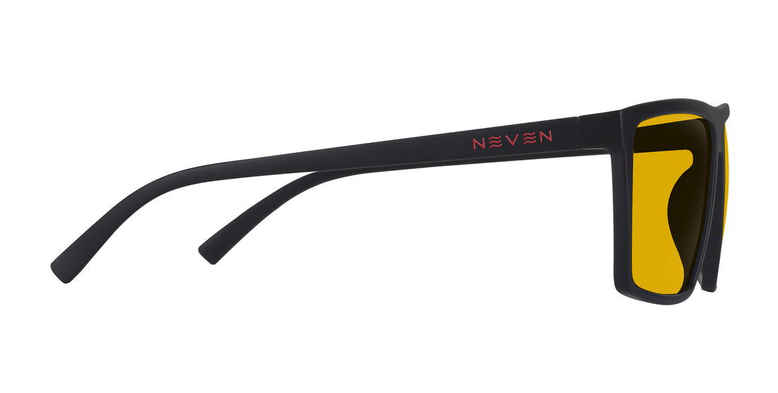 Side view of 212 prescription sunglasses showing matte black temple with red NEVEN logo and yellow lenses on white