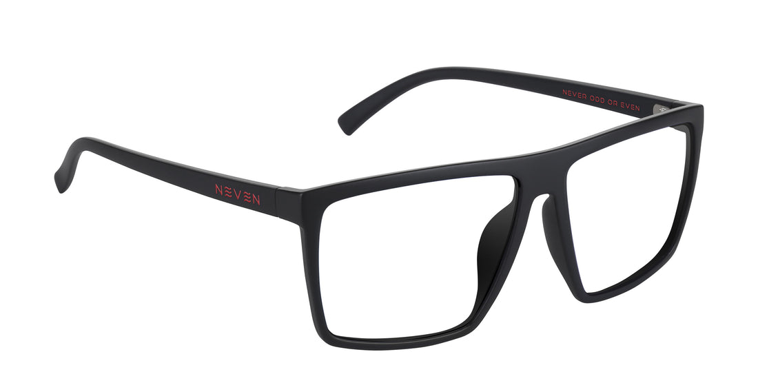 Angled close-up of 212 Rx eyeglasses showing matte black rectangular frames with clear lenses on white background
