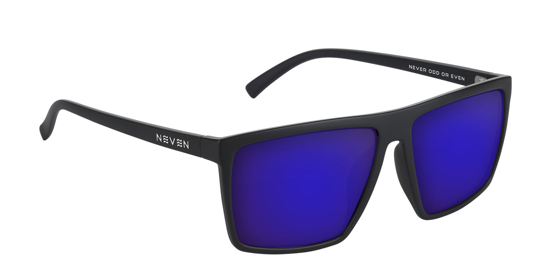 Close-up of 212 prescription sunglasses showing matte black frame, blue mirrored lenses and NEVEN logo on white background