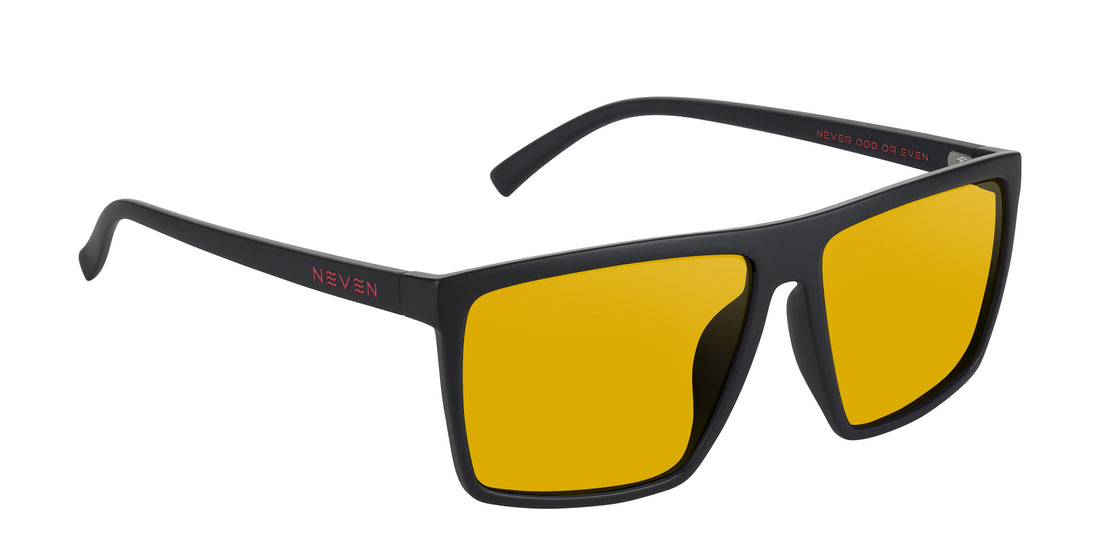 Angled close-up of 212 sunglasses with matte black frame, yellow lenses and red NEVEN logo on temple on white background