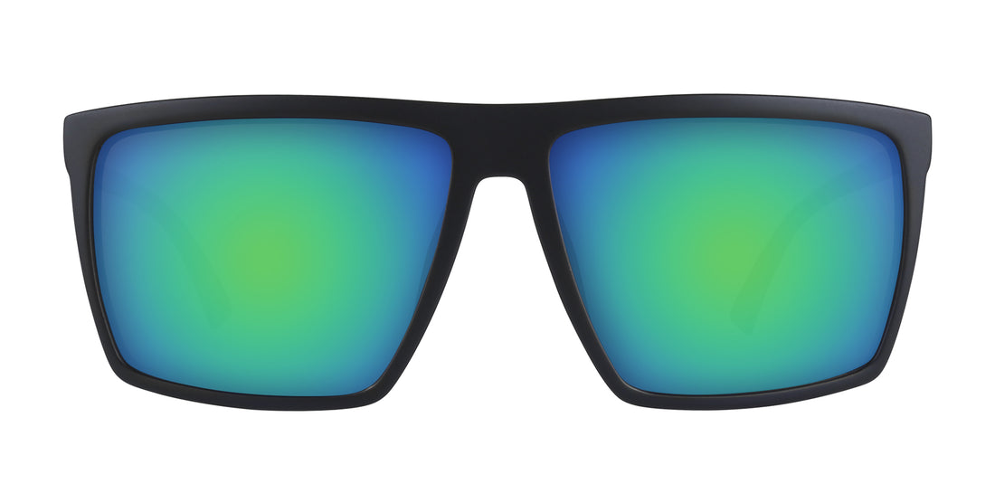 Front view of 88th Street prescription sunglasses with matte black rectangular frame and green-blue mirrored lenses