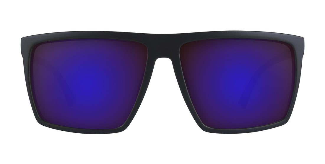 Front close-up of 88th Street prescription sunglasses with black rectangular frame and purple lenses on white background