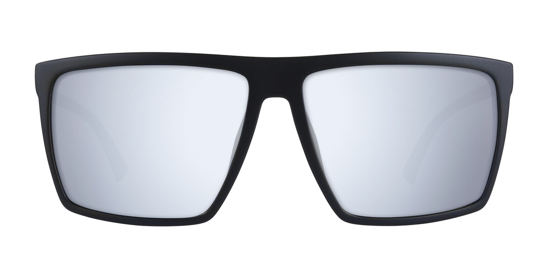 Close-up front view of 88th Street prescription sunglasses showcasing a black rectangular frame with silver mirrored lenses on white background