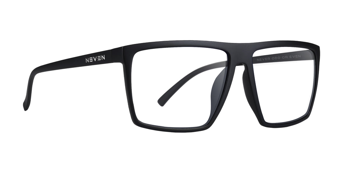 Black rectangular glasses with clear lenses, featuring the brand name Neven on the side.