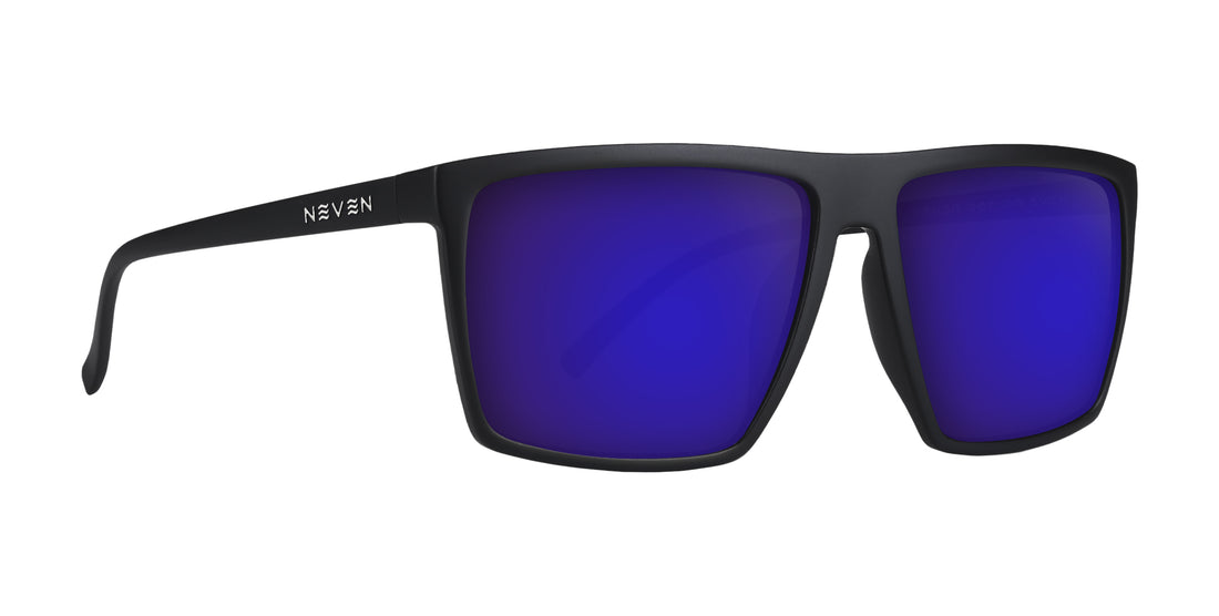 Right-front of 88th Street prescription sunglasses showcasing purple mirrored lenses and Neven logo on white background