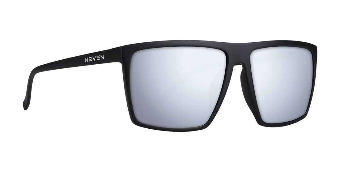 Three-quarter view of 88th Street prescription sunglasses with matte black rectangular frame, silver mirrored lenses, Neven logo on temple, white background