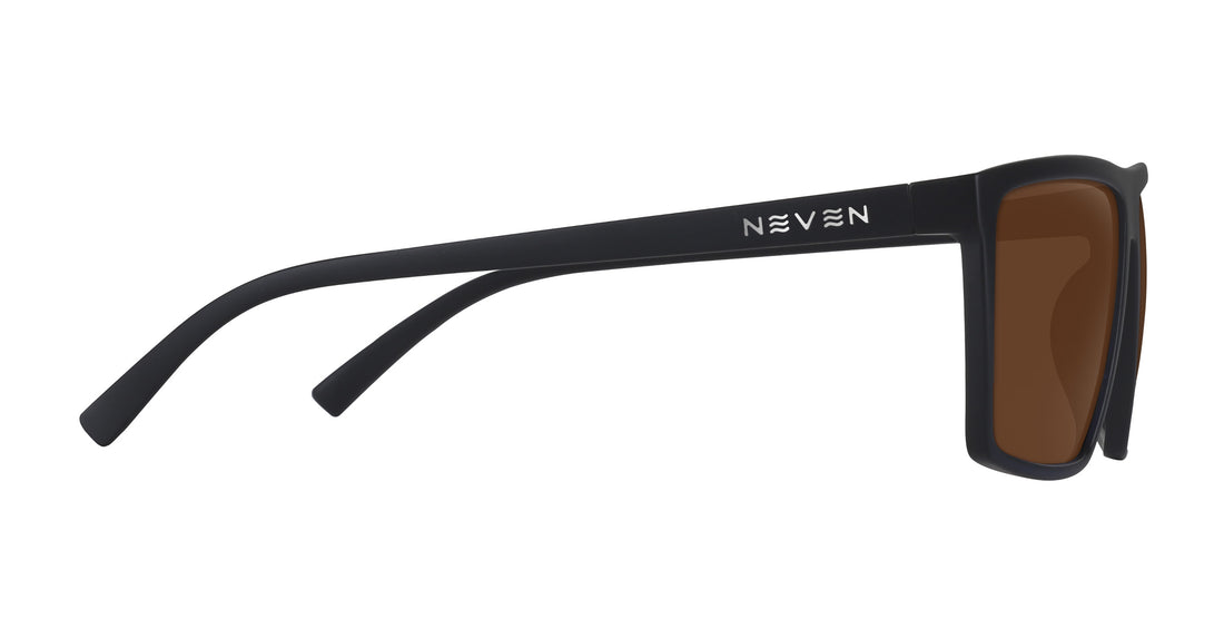 Side view of 88th Street Rx sunglasses showing matte black frame, brown lens and Neven logo on white background