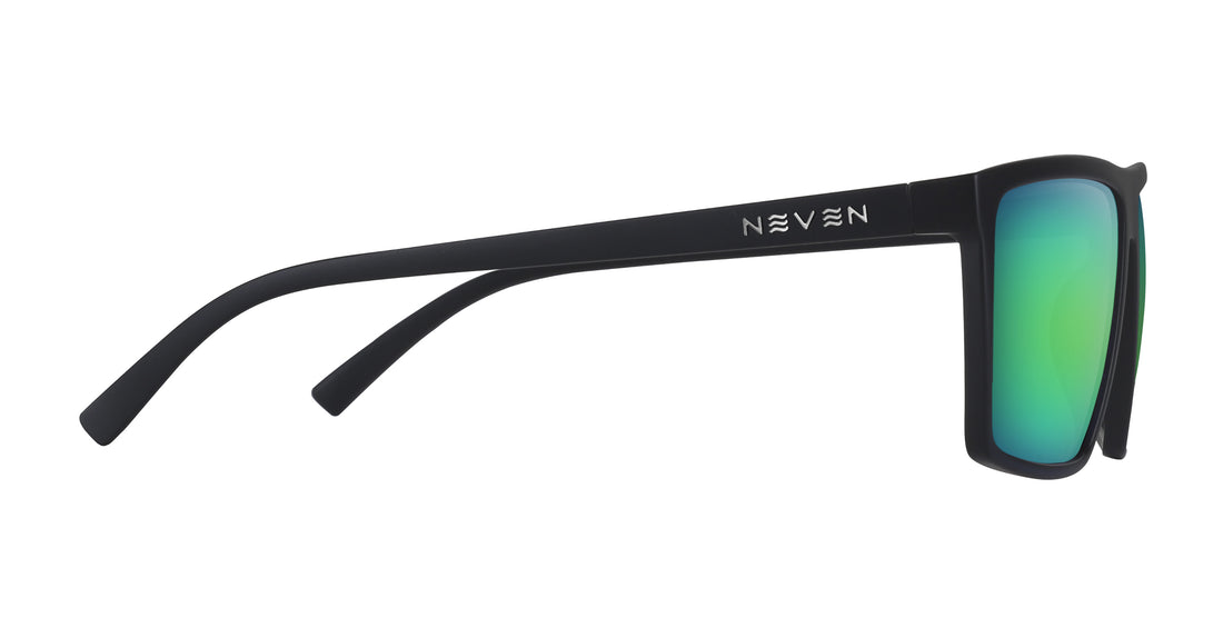 Right-side view of 88th Street prescription sunglasses showcasing black matte temple with Neven logo and green mirrored lens on white background