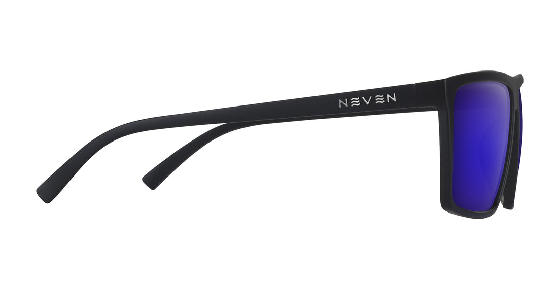 Side view of 88th Street Rx sunglasses showing black rectangular frame, purple mirrored lenses and Neven logo on white background