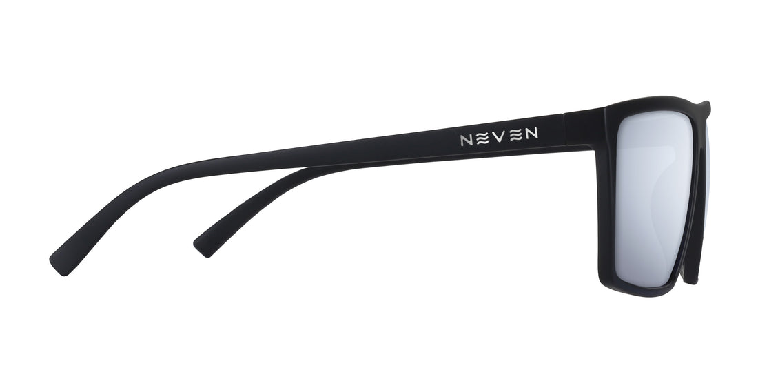 Right-side of 88th Street prescription sunglasses with black frame, silver mirror lens and NEVEN logo on white background