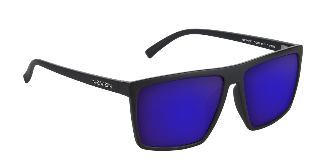 Angled closeup of 88th Street Rx sunglasses, matte black frame, blue mirrored lenses, Neven logo on white background