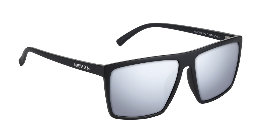 Three-quarter close-up of 88th Street sunglasses with matte black frame, Neven logo, and silver mirrored Rx lenses