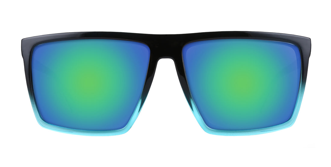 Front close up of Arizona prescription sunglasses with turquoise to black frame and green blue mirrored lenses on white