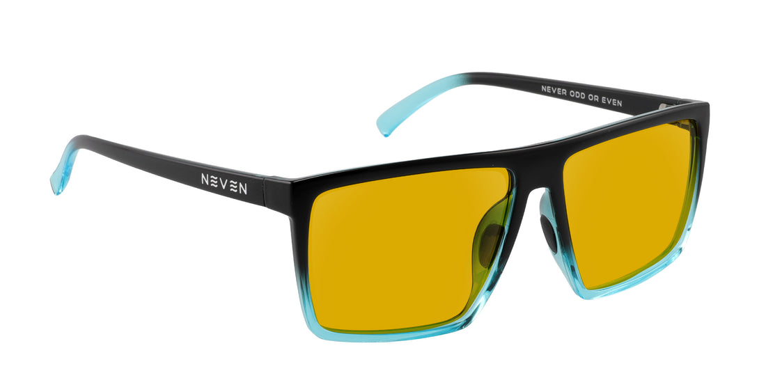 Three-quarter view of Arizona Rx sunglasses with black-blue gradient frame, yellow lenses, and NEVEN logo on white background