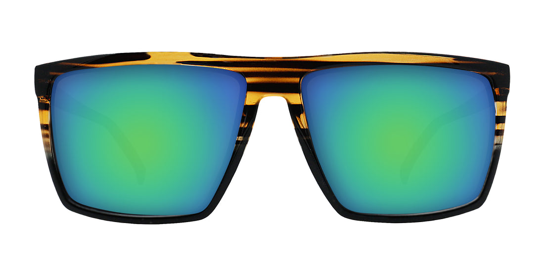 Front view of Asbury sunglasses showcasing green mirrored lenses and tortoiseshell gloss frame on white background