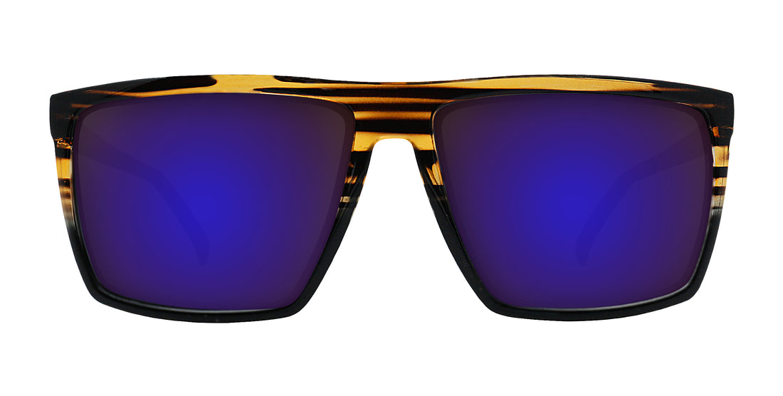Close-up front view of Asbury prescription sunglasses showcasing gloss tortoiseshell upper frame and purple mirrored lenses on white background