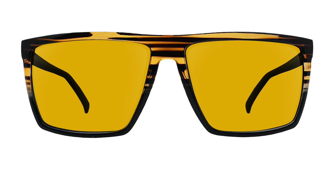 Close-up front view of Asbury prescription sunglasses with yellow lenses and tortoiseshell frame, white background