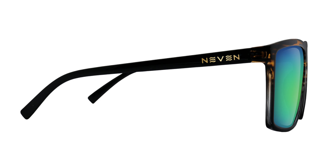 Side of Asbury sunglasses showing black temple with gold NEVEN logo, tortoiseshell front and green mirrored lenses on white