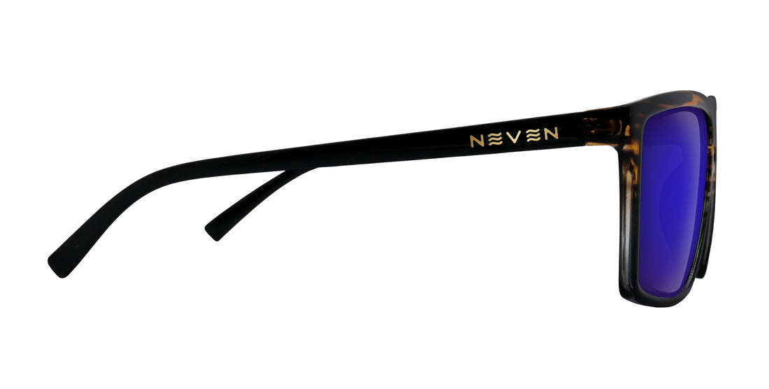 Side closeup of Asbury sunglasses with black temple and gold NEVEN logo, tortoise front and purple mirrored lens on white