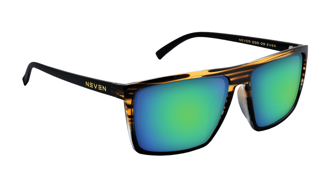 Close-up three-quarter view of Asbury prescription sunglasses showcasing tortoiseshell frame and green mirrored lenses on white background