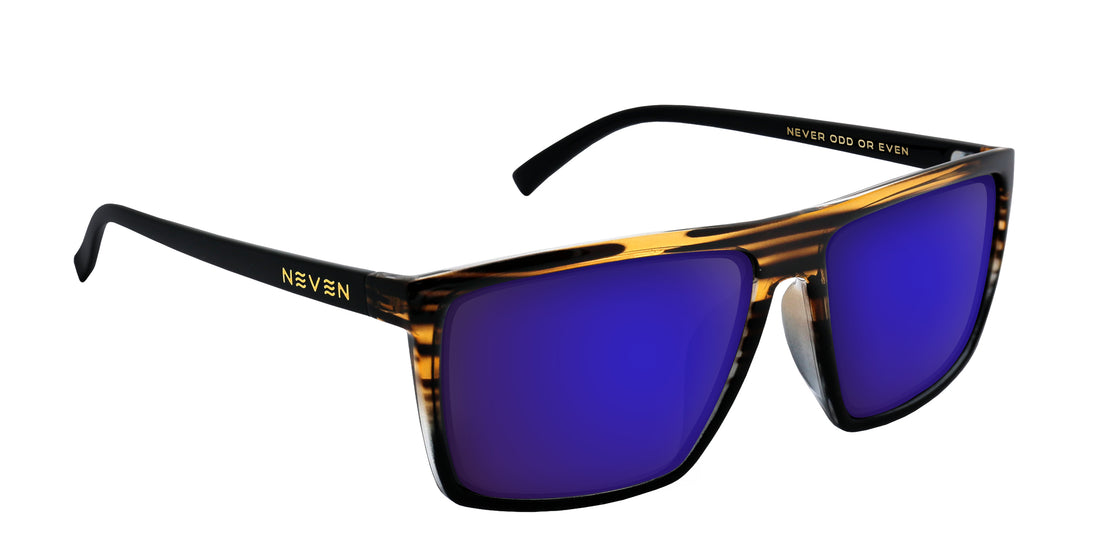 Close-up of Asbury prescription sunglasses with tortoiseshell front, black temples, gold NEVEN logo and blue mirrored lenses