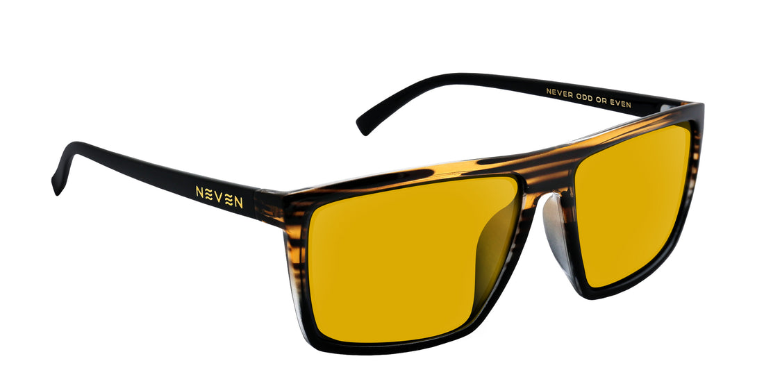Right close-up of Asbury Rx sunglasses showing gloss tortoiseshell frame, yellow lenses, black temples with NEVEN logo