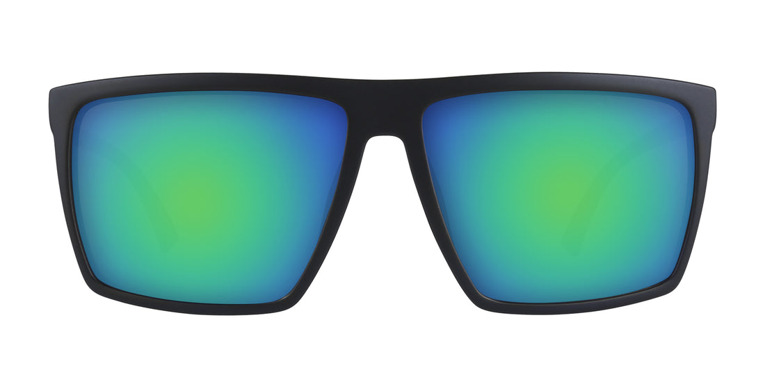 Close-up front view of August prescription sunglasses showcasing matte black rectangular frame and green-blue mirrored lenses on white background