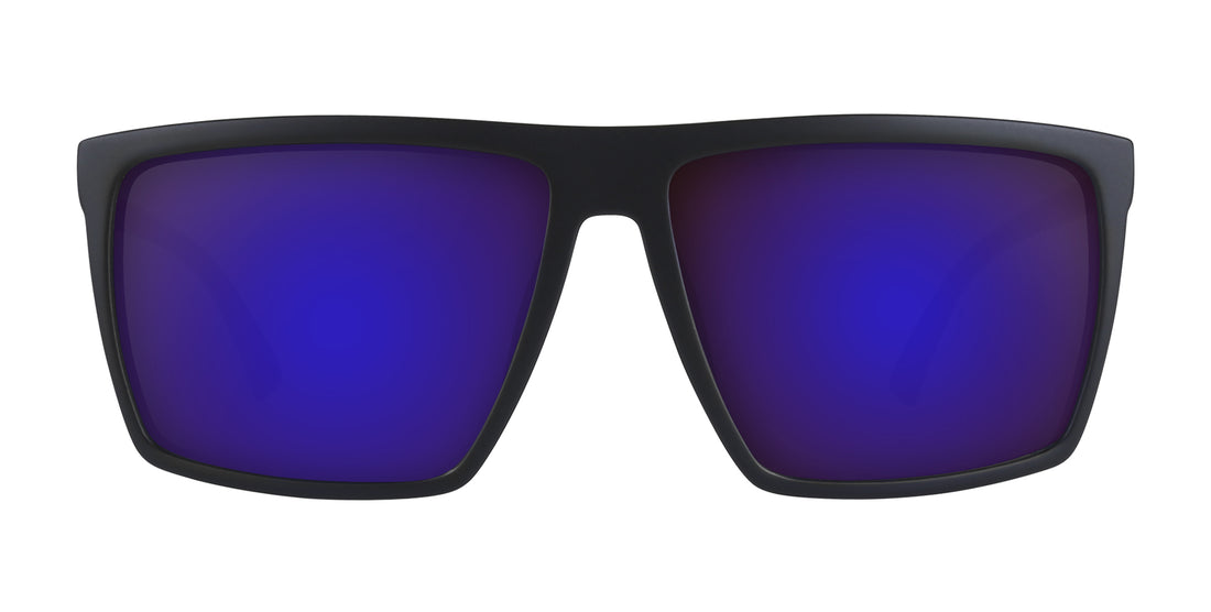 Front close up of August prescription sunglasses showing purple mirrored lenses and matte black frame on white background