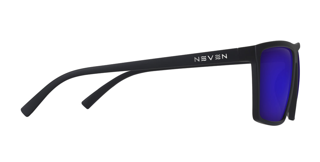 Side view of August prescription sunglasses with black rectangular frame, Neven logo on temple and purple mirrored lenses