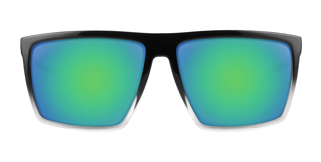 Front close-up of Colorado Bulldog prescription sunglasses with black-to-silver frame and green-blue mirrored lenses