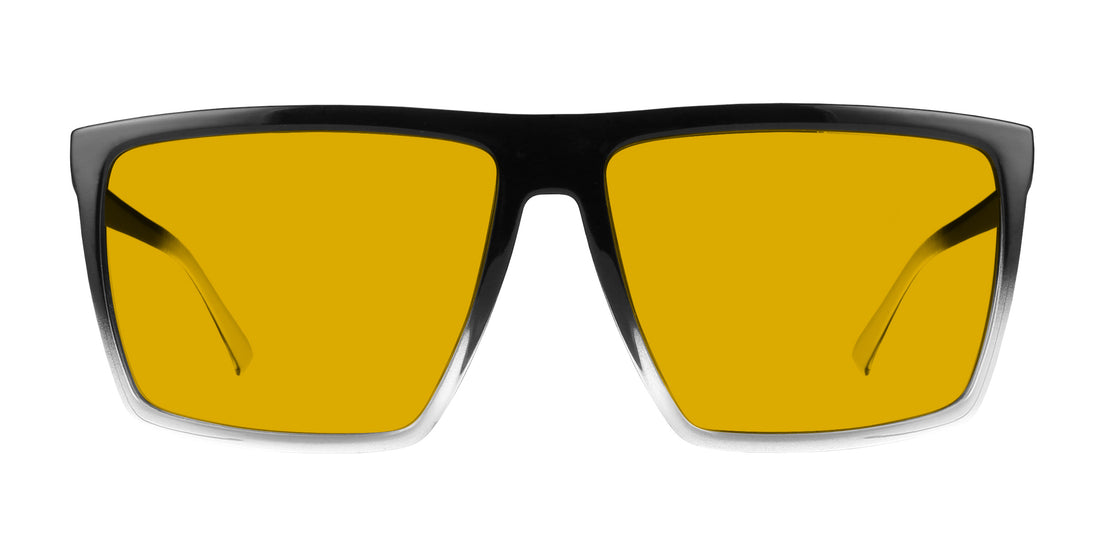 Close-up front view of Colorado Bulldog Rx sunglasses with black-to-clear acetate frame and yellow lenses on white background