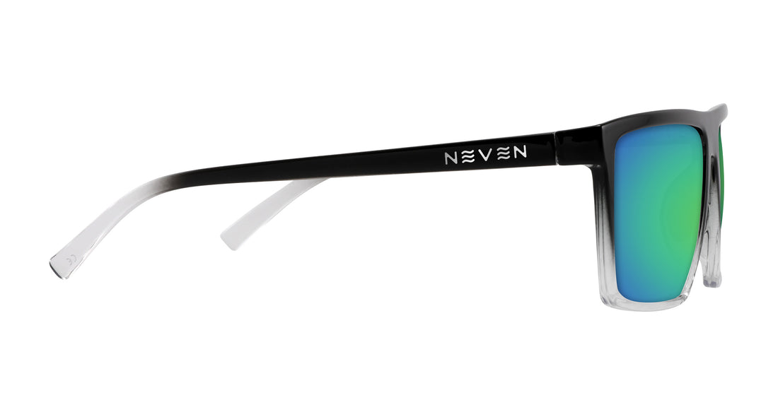 Side view of Colorado Bulldog sunglasses with green-vibrant mirrored lenses and black-to-clear temple, Neven logo on white