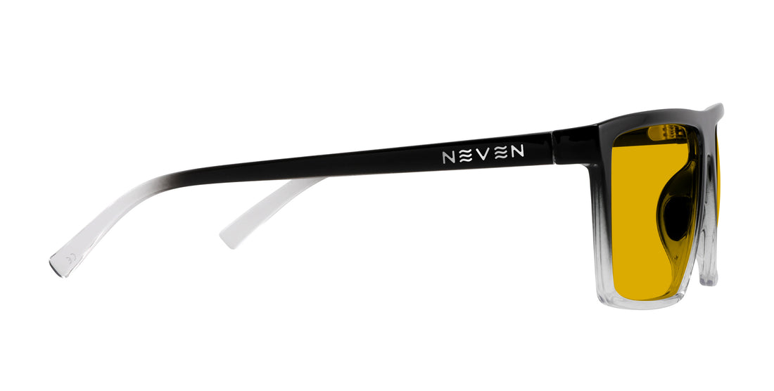 Side view of Colorado Bulldog Rx sunglasses showing black-to-clear frame, yellow lens and Neven logo on white background