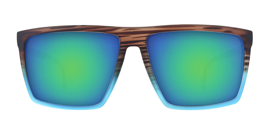 Front close-up of Melby prescription sunglasses showing tortoiseshell frame with blue fade and green-blue mirrored lenses on white background