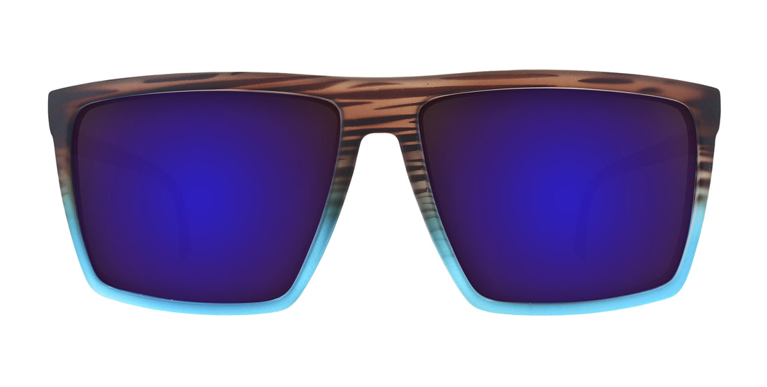 Close-up front of Melby prescription sunglasses showcasing purple mirrored lenses and striped tortoiseshell-to-blue frame on white background