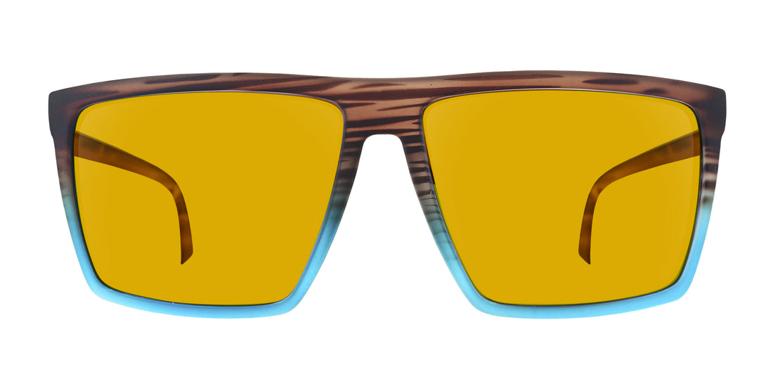 Close-up front view of Melby prescription sunglasses showcasing tortoiseshell-to-blue gradient frame and yellow prescription lenses on white background