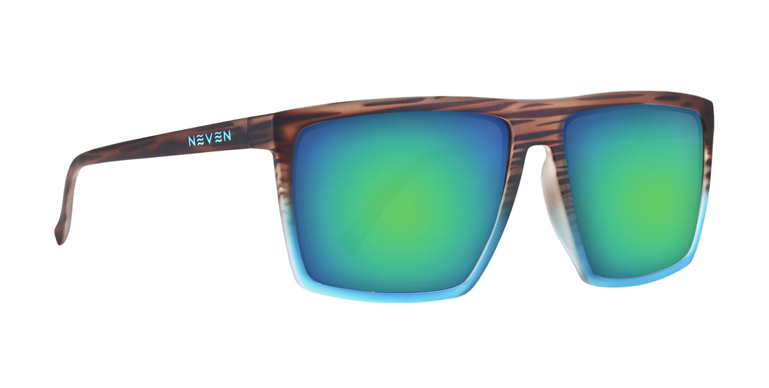 Close-up front right view of Melby prescription sunglasses with tortoiseshell frame and green mirrored lenses on white