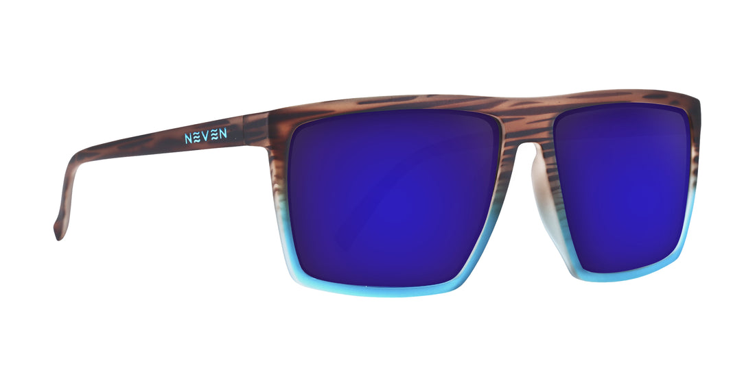Close-up front-right of Melby prescription sunglasses showcasing tortoiseshell frame and purple mirrored lenses with white background