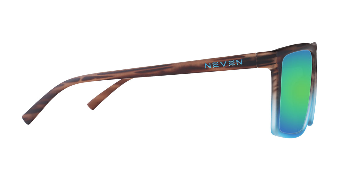 Side close-up of Melby Rx sunglasses showing tortoiseshell temple, blue NEVEN logo and green mirrored lens on white