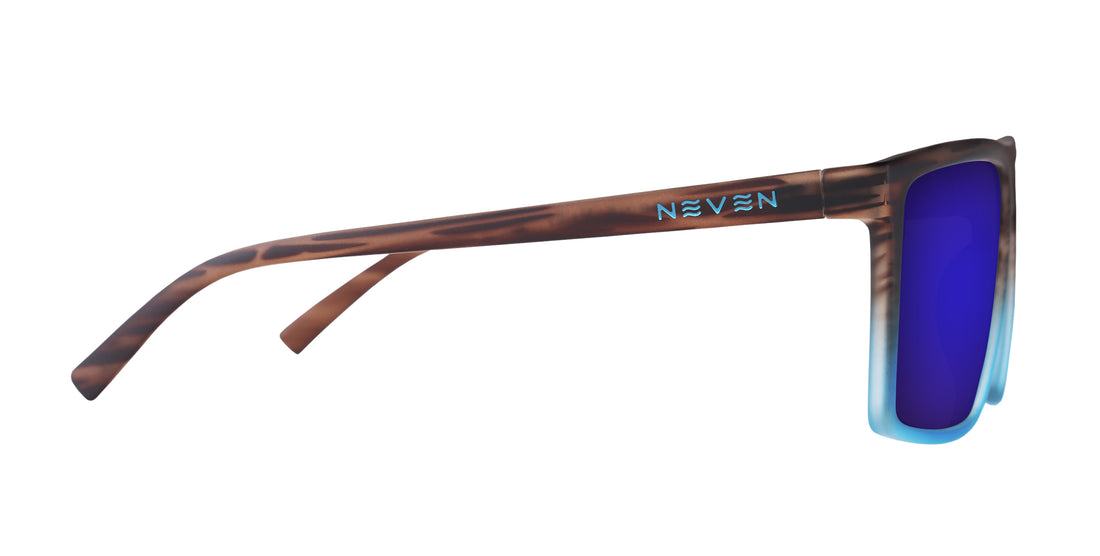 Side close-up of Melby Rx sunglasses showing tortoiseshell temple, blue NEVEN logo and mirrored blue lens on white